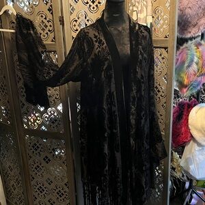 Elegant Black Velvet Kimono with Fringe
